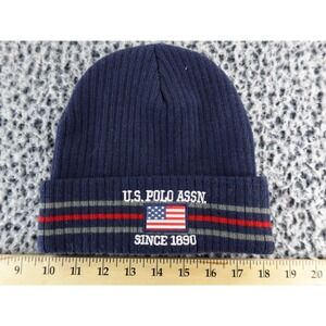 US Polo Assn Beanie Hat Navy Blue USA Flag Embroidery Winter Knit